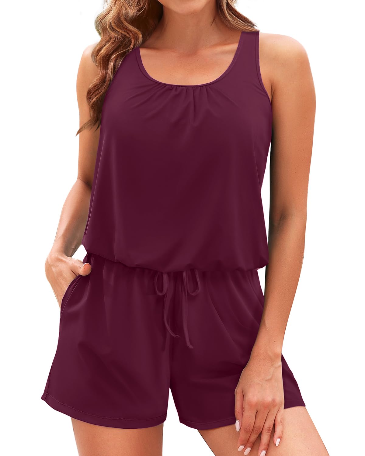 Photo 1 of Tempt Me Romper One Piece Swimsuits with Short - Women Boyleg with Pockets Modest Bathing Suit 2025 Swimwear Deep Purple XL