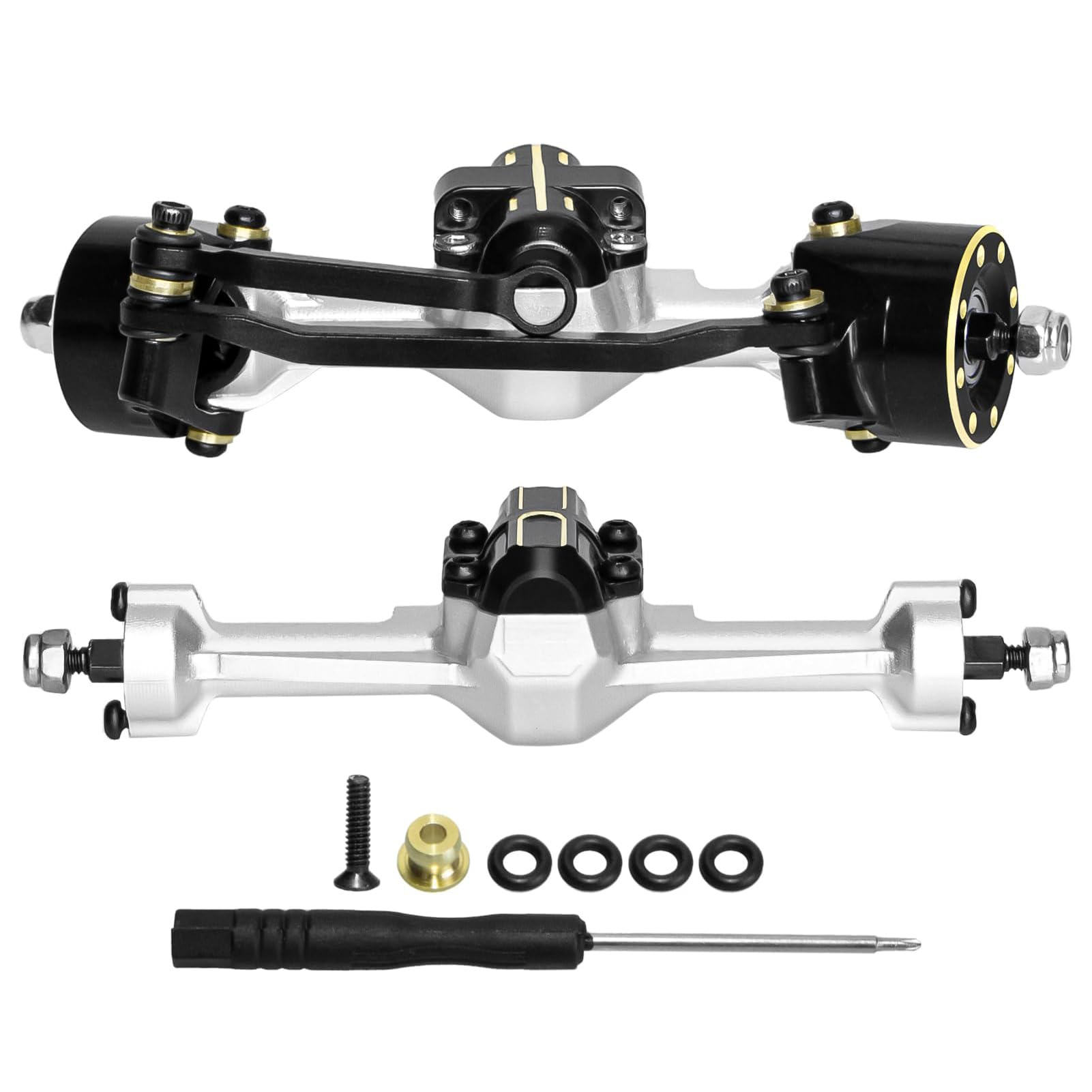 Photo 1 of Aluminum Front & Rear Axle Set Upgrades Part with Diff Covers, Steering Link,Gear,Brass Rear Hub Weight for 1/30 Axial SCX30 RC Crawler Upgrades (Silver)