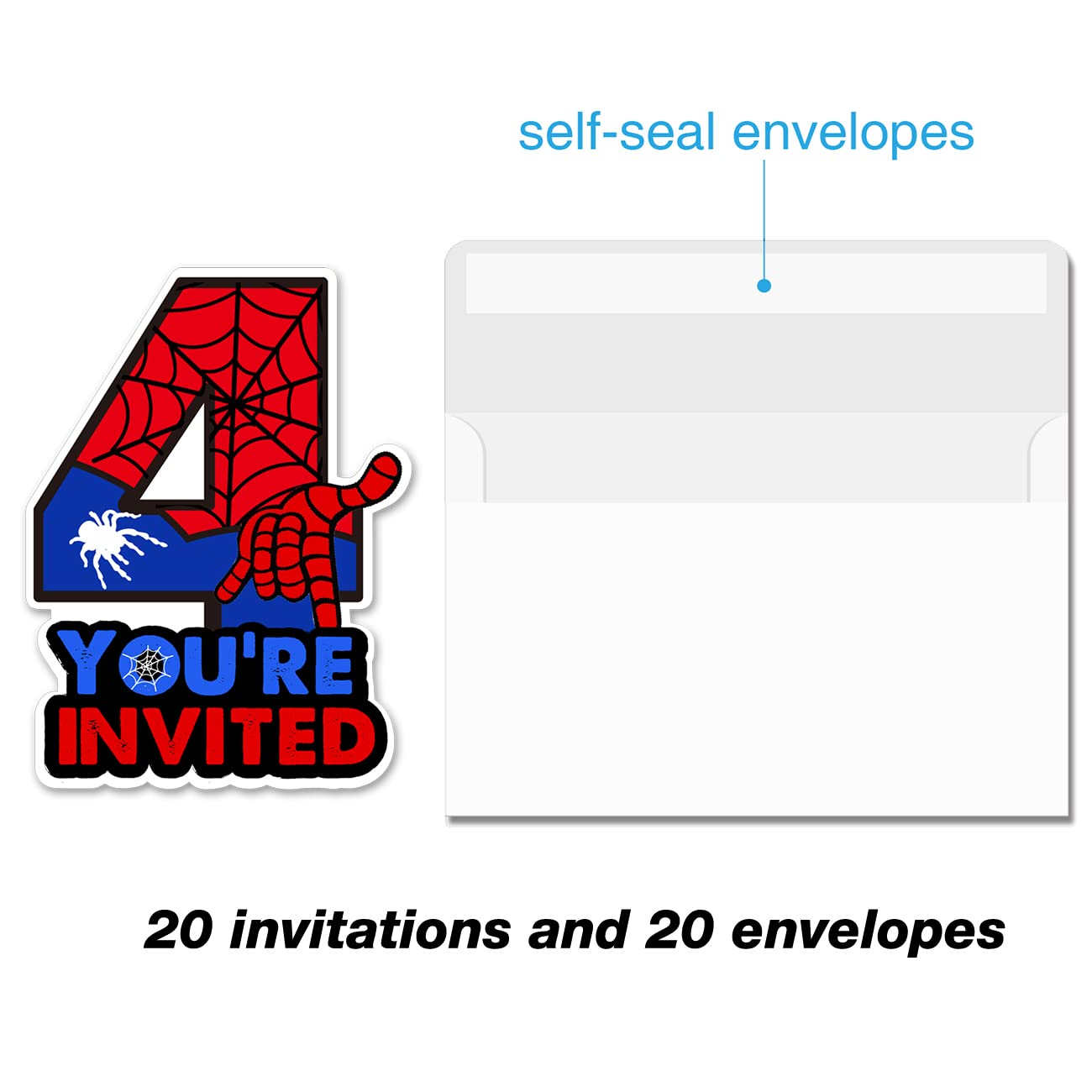 Cute Superhero 4th Birthday Party Invitations Glitter Super Hero 4 Year Old Boy Birthday Shaped Invites Fill-in Invitations With Envelopes, Set of 20