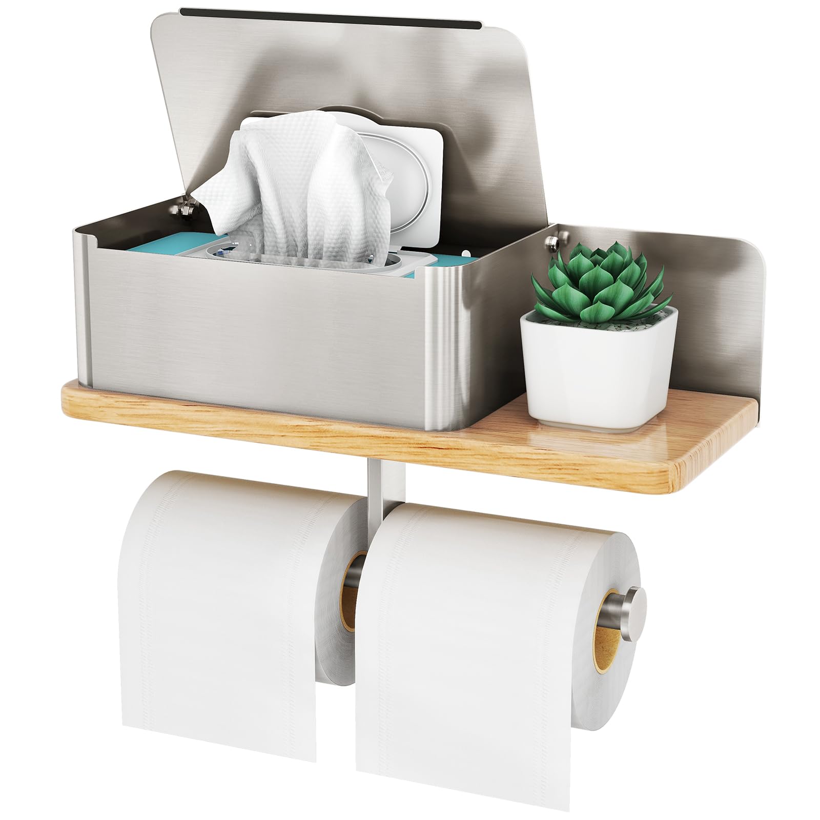 Photo 1 of Toilet Paper Holder with Shelf, Double Roll Toilet Tissue Holder with Wipes Dispenser for Bathroom, Metal and Solid Wood Tissue Paper Roll Wall Mounted Storage Aromatherapy, Phone Shelf, Brushed