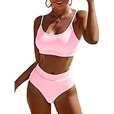 Fanuerg Women's Ribbed High Waisted Bikini Sets Scoop Neck Two Piece Swimsuits Spaghetti Strap Textured Bathing Suit