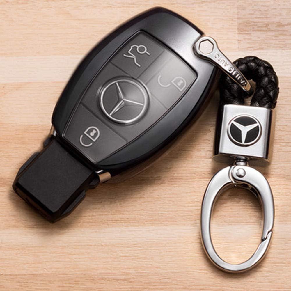 VILLSION 2Pack Genuine Leather Car Logo Keychain for Mercedes Benz Key