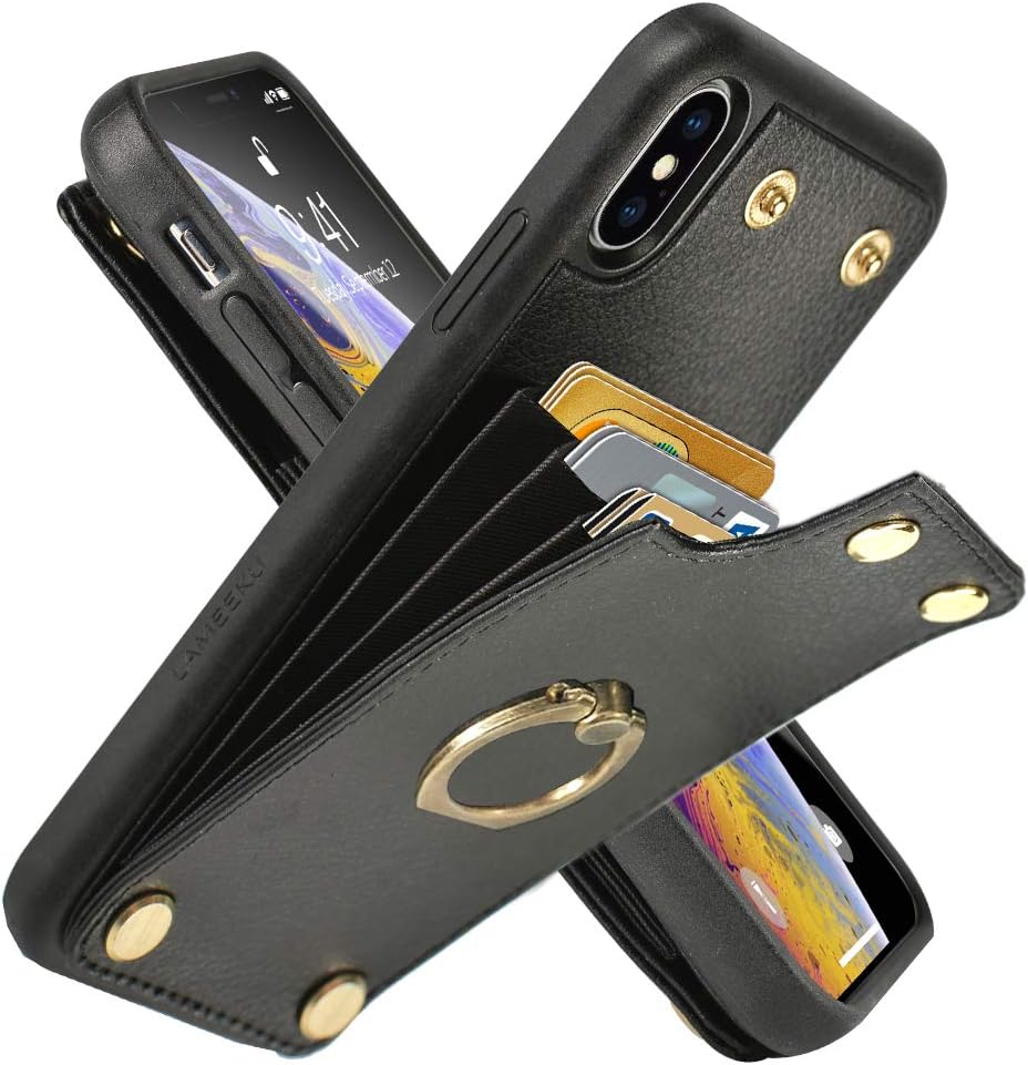 LAMEEKUCompatible with iPhone X Card Holder Case with Finger Kickstand Ring Holder Leather Card Slot Money Pocket 360ยฐRotation Metal Ring Grip Stand, Cover for iPhone Xs/X 5.8''-Black