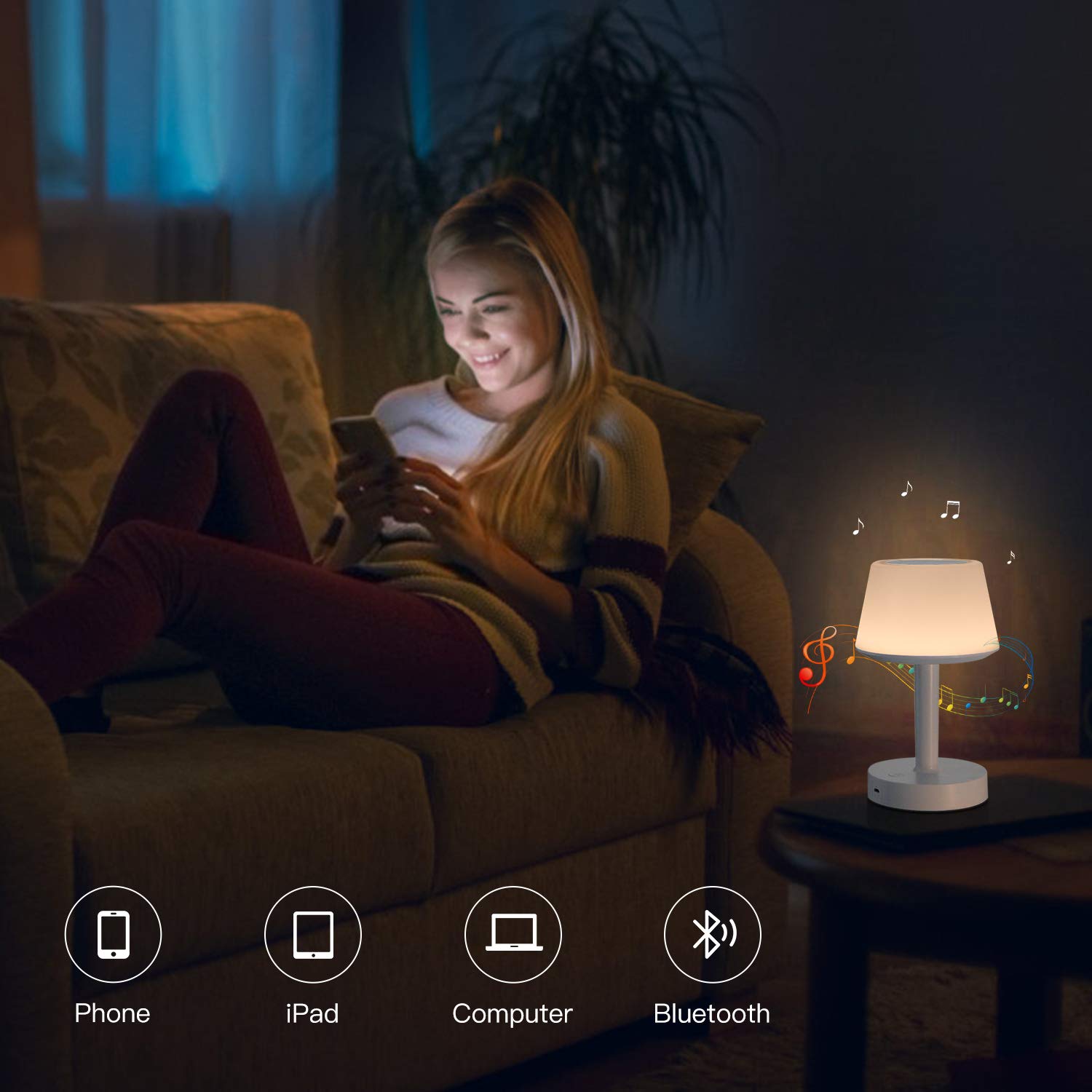 Lampe de Chevet LED avec Enceinte Bluetooth et Contrôle Tactile Lampe de Table Rechargeable avec Mains Libres, Luminosité Réglable et Couleurs de Changement pour Enfant, Bébé, Chambre, Jardin Tikitaka