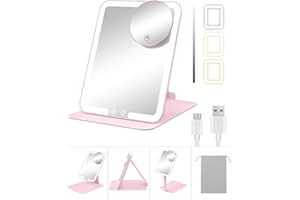 Gospire Travel Makeup Mirror with Lights and Magnification 10X, Portable Make Up Compact Tabletop Mirror with Adjustable Stand, 3 Colored Lights Rechargeable Lighted LED Vanity Mirror - Pink