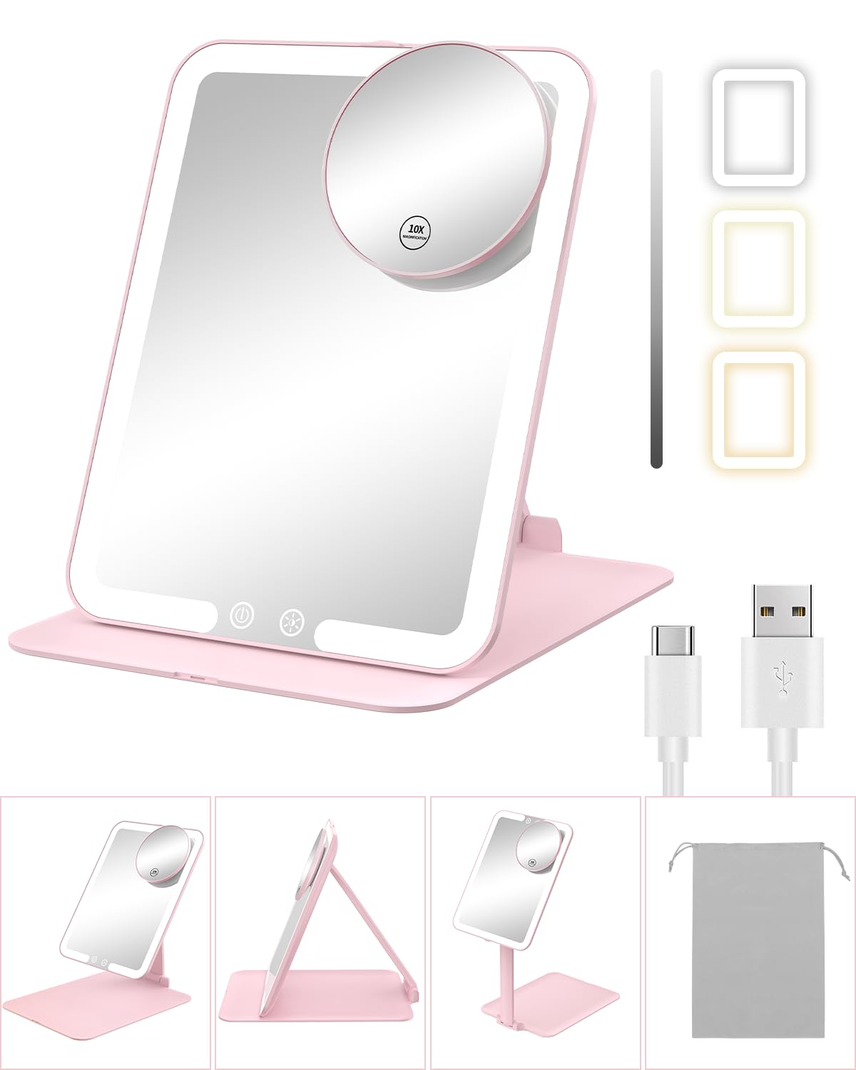Photo 1 of Gospire Travel Makeup Mirror with Lights and Magnification 10X, Portable Make Up Compact Tabletop Mirror with Adjustable Stand, 3 Colored Lights Rechargeable Lighted LED Vanity Mirror - Pink