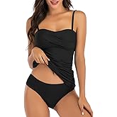 Shuangyu Women's Twist Front Bandeau Tankini Set Two Pieces Ruched Tummy Control Suimsuit with Mid Waist Briefs