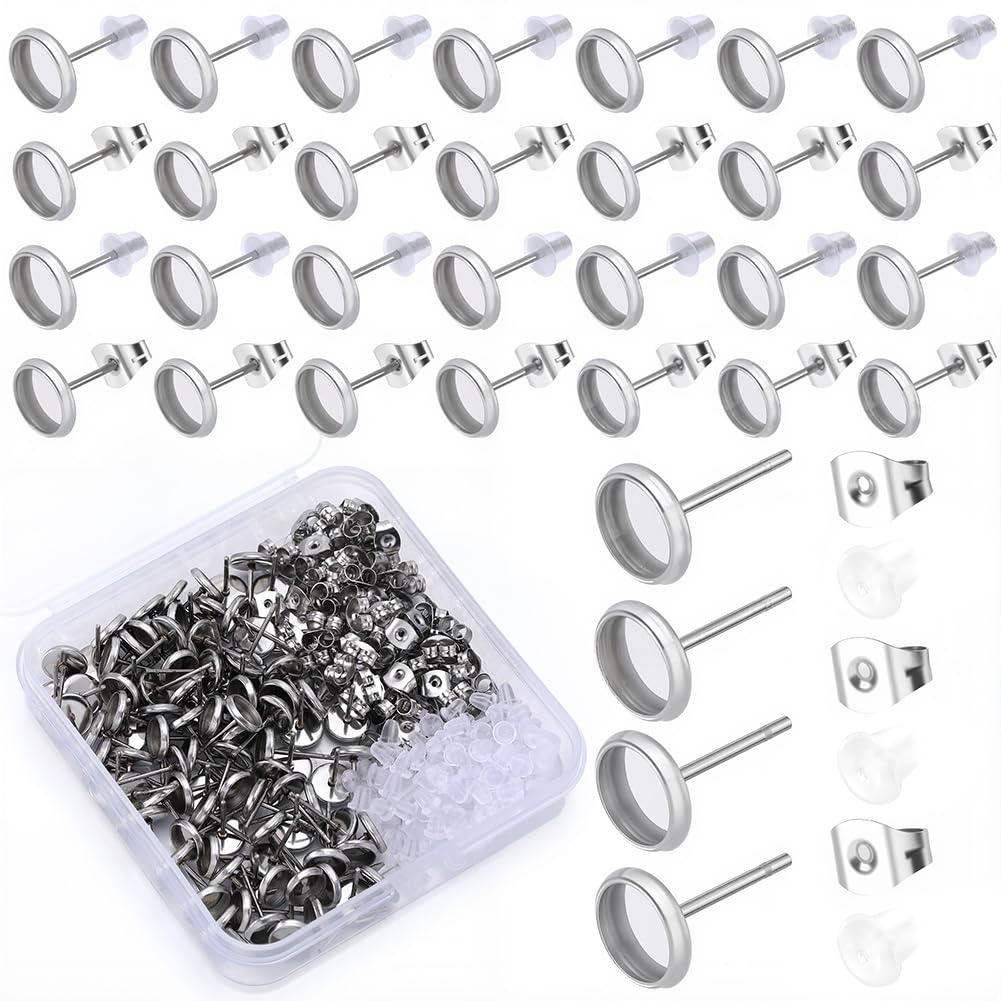 SOFPLATE 1 Box 100Pcs 6Mm Bezel Post Earrings Findings Stud Earring Cabochon Blanks Stainless Steel hypoallergenic Silver Ear Stud with Ear Nut Flat Round Earring Studs for Jewellery Making Supplies