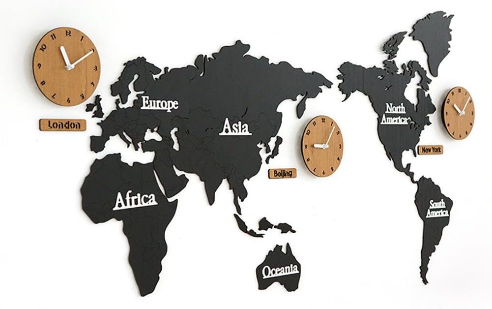 guazhong MCC DIY Wall Clock World Map Large Modern Wooden Quartz 3D Puzzle Clock, Black/Log