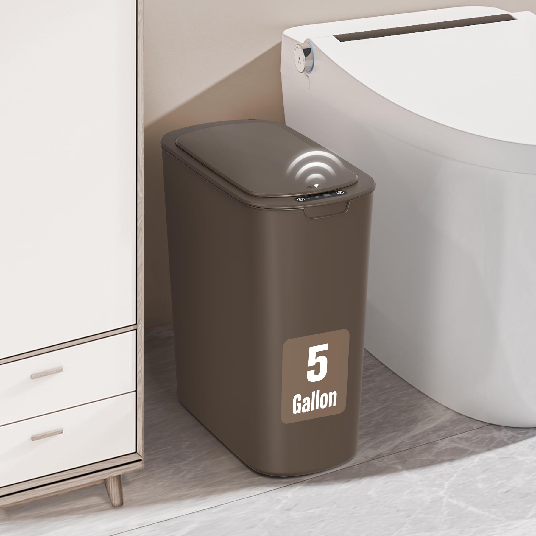Photo 1 of Cesun Motion Sensor Trash Can, 5 Gallon Automatic Bathroom Garbage Can with Lid, Touchless Smart Plastic Slim Wastebasket for Bathroom, Office, rv, Bedroom, Living Room, Brown