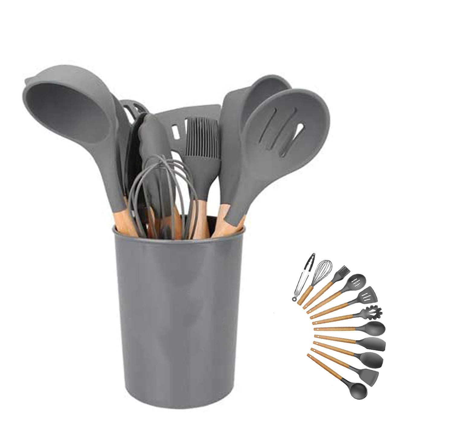 Silicone Cooking Utensils Kitchen Utensil Set - 446°F Heat Resistant,Turner Tongs,Spatula,Spoon,Brush,Whisk. Wooden Handles Gray Kitchen Gadgets Tools Set for Nonstick Cookware(Dark Grey-12pcs)