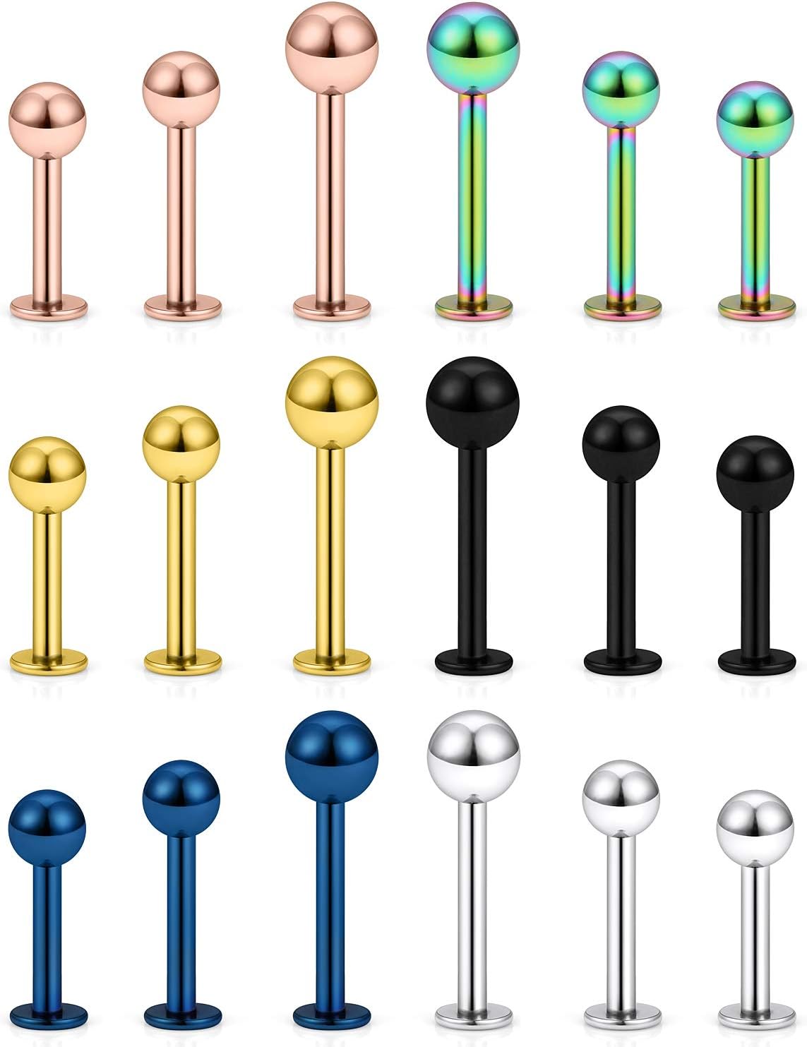 Yaalozei20G 16G 14G 12G Lip Labret Medusa Monroe Rings Studs Surgical Steel Tragus Helix Cartilage Earring Stud Rings Piercing Jewelry Bar Length 8mm 10mm 12mm Mix Color 18PCS