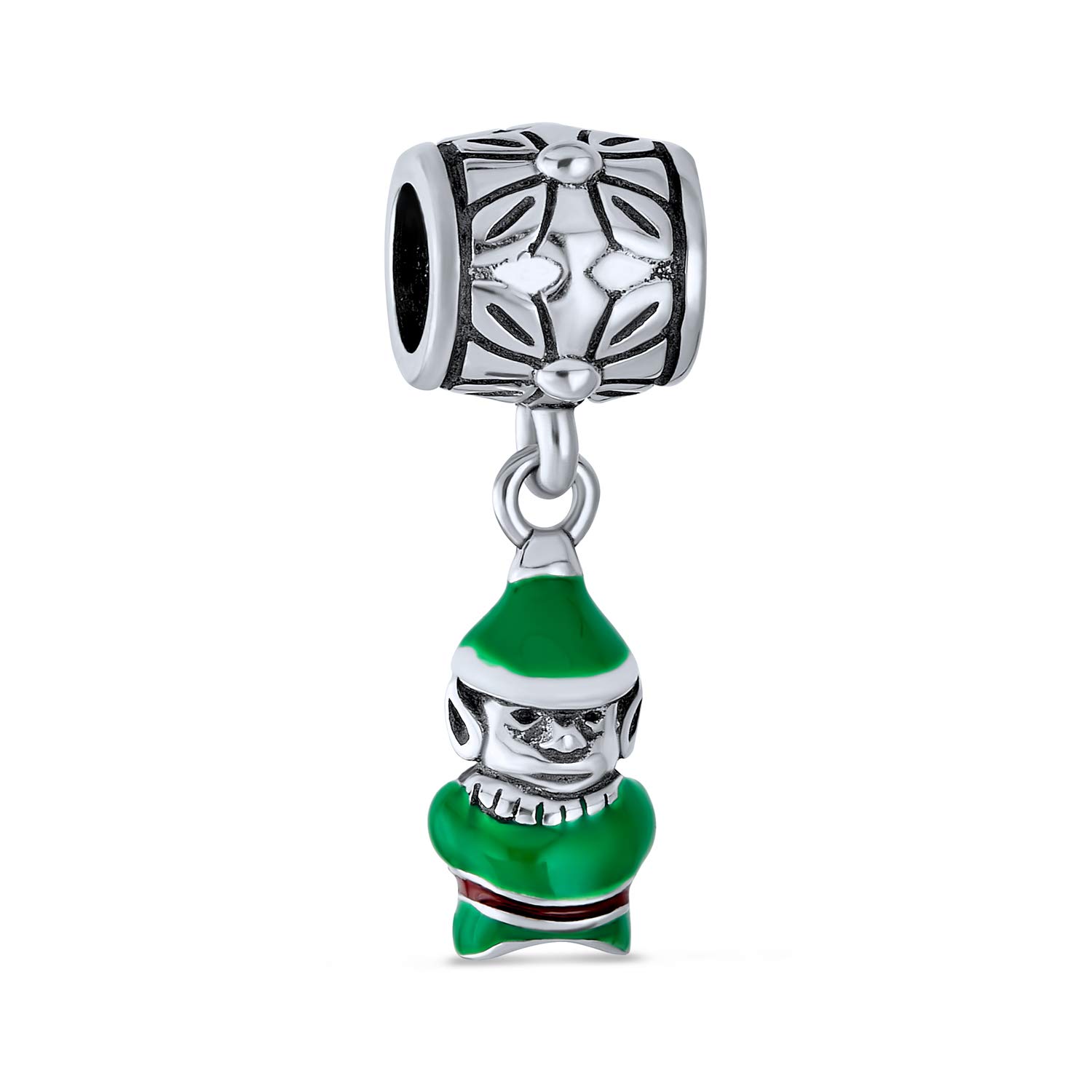 Bling Jewelry Xmas Santa Helper Fun Holiday Dangling Christmas Cartoon Enamel Green Elf Charm Bead Women For Teen .925 Sterling Silver For European Bracelet