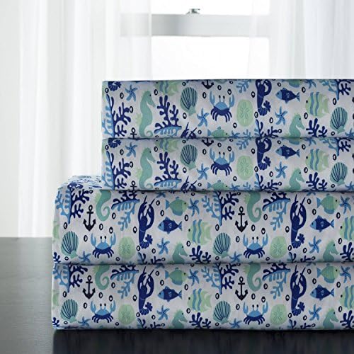 3 Piece Blue Luxury Sea Animals Themed Sheet Twin Set, Beautiful All Over Fish, Shells, Crabs, Loabsters, Coral, Seahorse, Starfish Print, Nuatical Ocean Theme Design, Vivid Colors, Microfiber