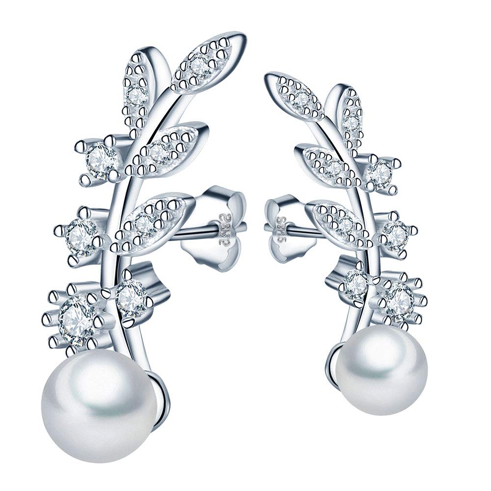 MICGIGI-Women Stylish Leaves Pearl Earrings 925 Sterling Silver Zirconia Stud Earrings 5mm Pearl(Silver)