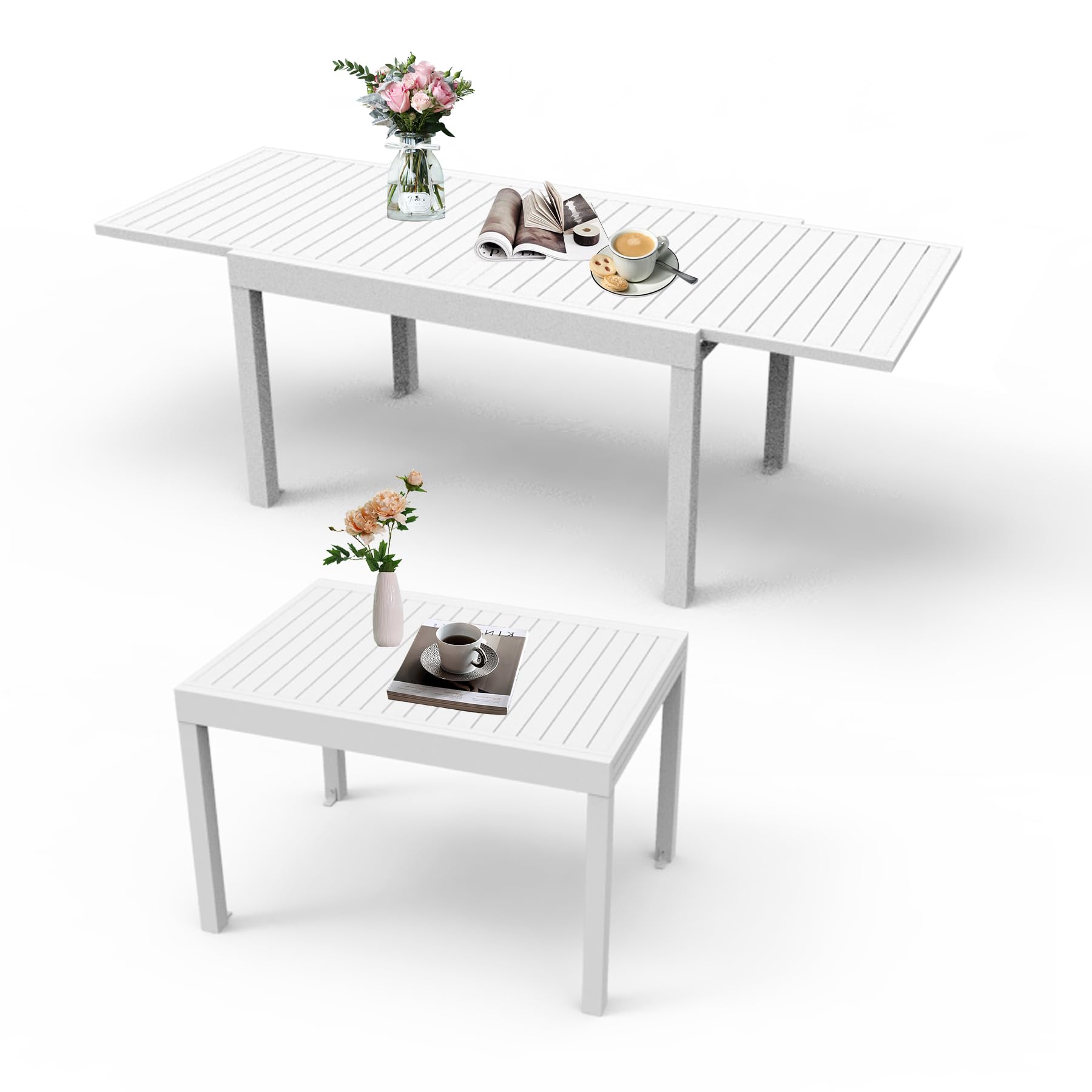 Photo 1 of (see allimages) Domi Aluminum Patio Extendable Dining Table 35"- 71", Adjustable Indoor Outdoor Patio Dining Table with E-Coating for 4-6 Person Garden Lawn Porch Bistro Furniture, Elegant Ivory White