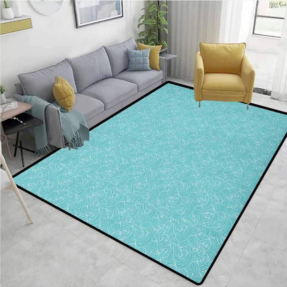 Turquoise Bordered Area Rugs, Abstract Ocean Waves Pattern Summer Inspired Vintage Grunge Illustration, Durable Carpet Area rug - Living Dinning Room Bedroom Rugs and Carpets(2'x 6') Pale Blue White