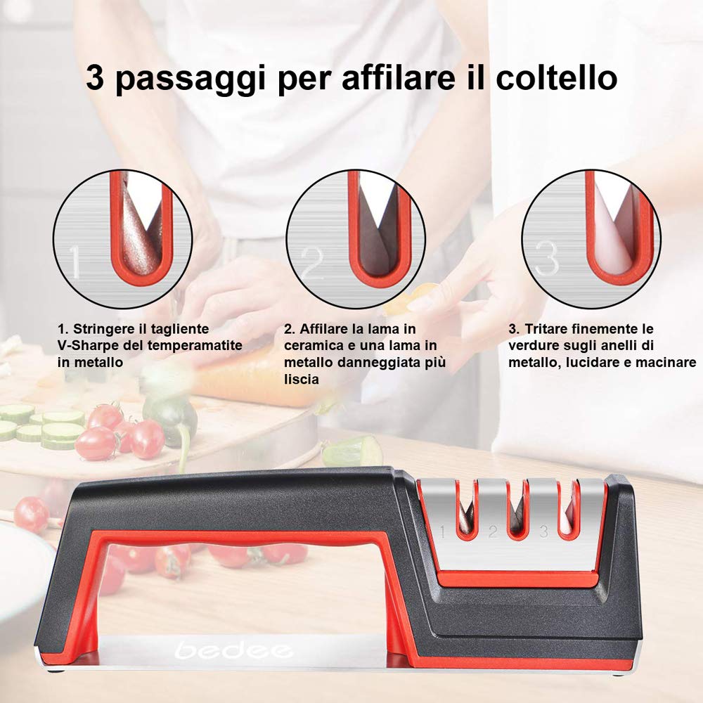 bedee Affilacoltelli Manuali, Affilacoltelli, Strumento per Affilare i coltelli Manuale a 3 stadi, Base Antiscivolo, Facile da Controllare