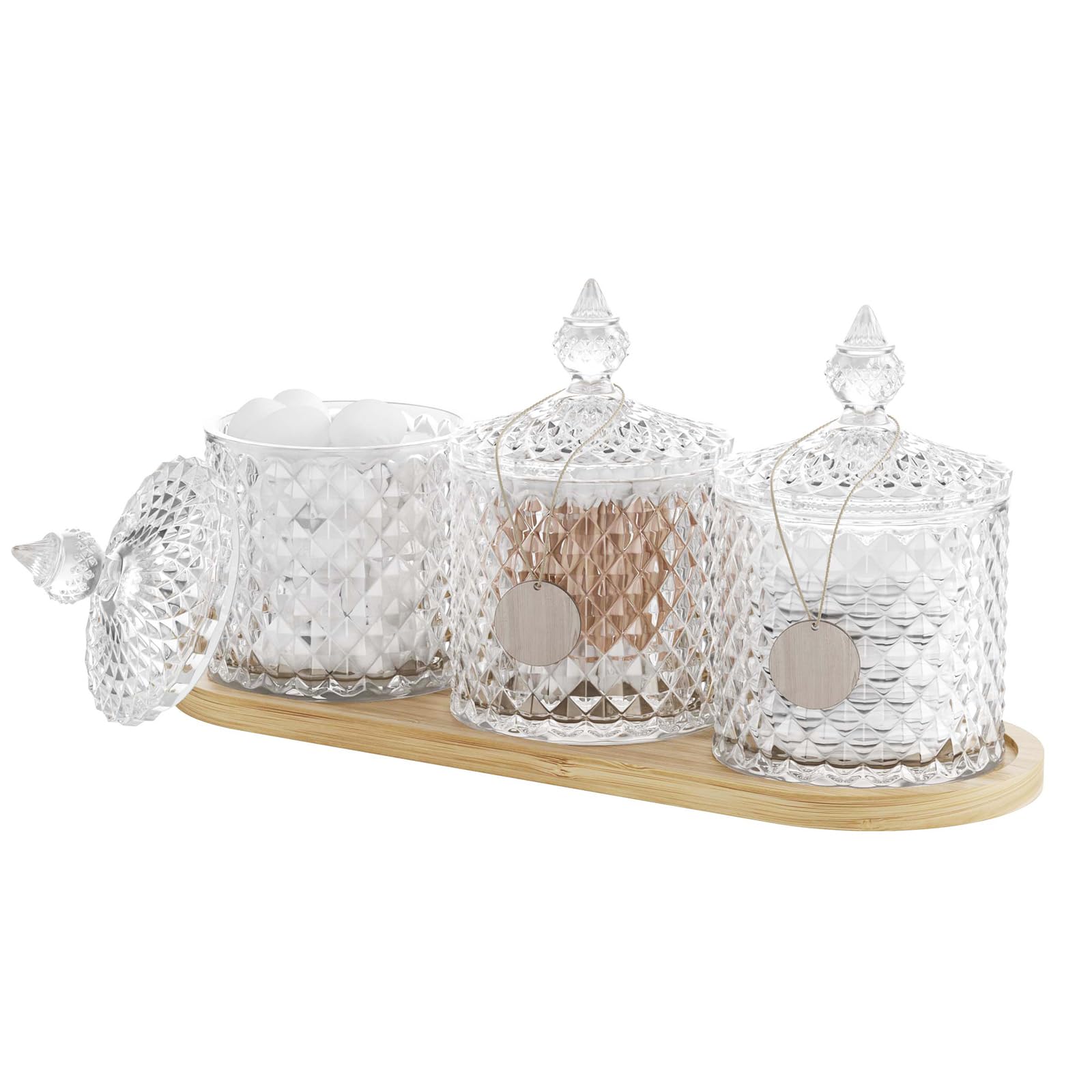 Photo 1 of 3 Pack Glass Qtip Holder Dispenser with Tray and Tag, Apothecary Jars with Lid, Bathroom Canisters for Storage Organizer for Cotton Swabs, Balls, Pads, Floss Picks, Candy, Jewelry (Clear, 10oz × 3)