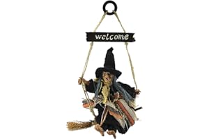 CLOBEAU Hanging Animated Witch on Broomstick Halloween Decoration Dolls Pendant Haunted House Decorate Props KTV Bar Restaurant Door Indoor Outdoor Decor Hanged Wizard Welcome Figure
