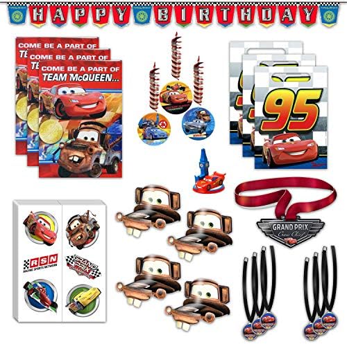 Disney Cars Birthday Party Favors Bundle - 8 Guest - Invites, Thank You Cards, Candle Holder, Temporary Tattoos, Medals, Party Hats, Favor Bags, Banner, Hanging Decorations & Guest of Honor Medal