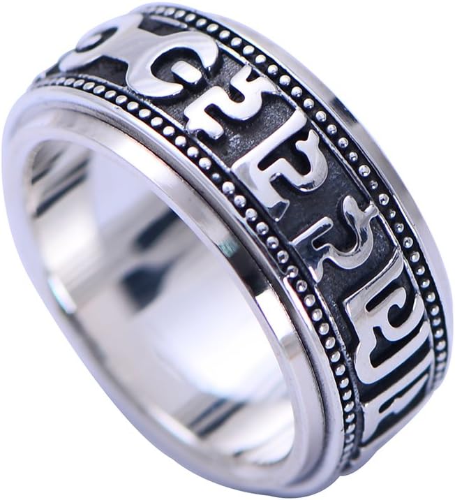 Unisex Sterling Silver Sacred Chinese Buddhism Om Mani Padme Hum Mantra Spinner Ring Band 10mm