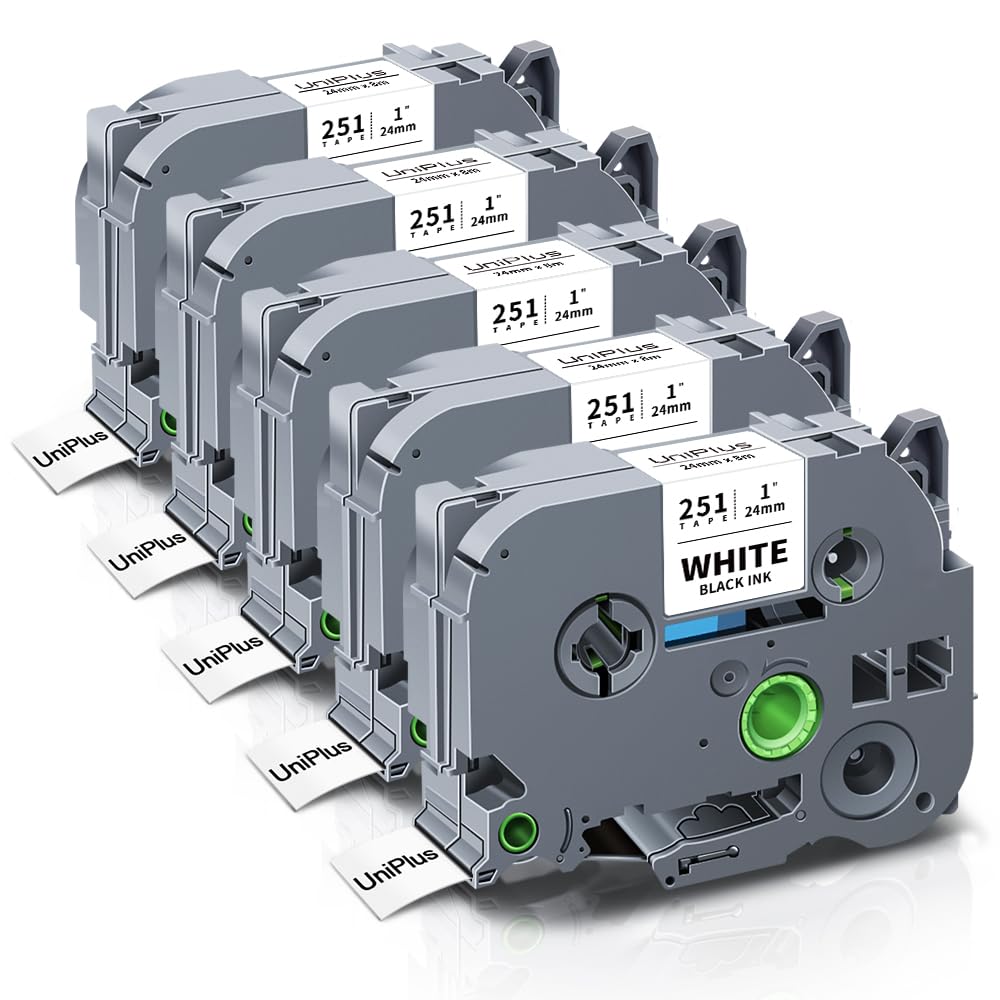 UniPlus 5X Compatible 24mm Laminated Label Tape Replacement for Brother TZe-251 TZc-251 TZ251 TZe251 Tapes Black on White Work for Brother PT-E550W P750W D600 P710BT D600VP E500 P700 PTD800W P910BT