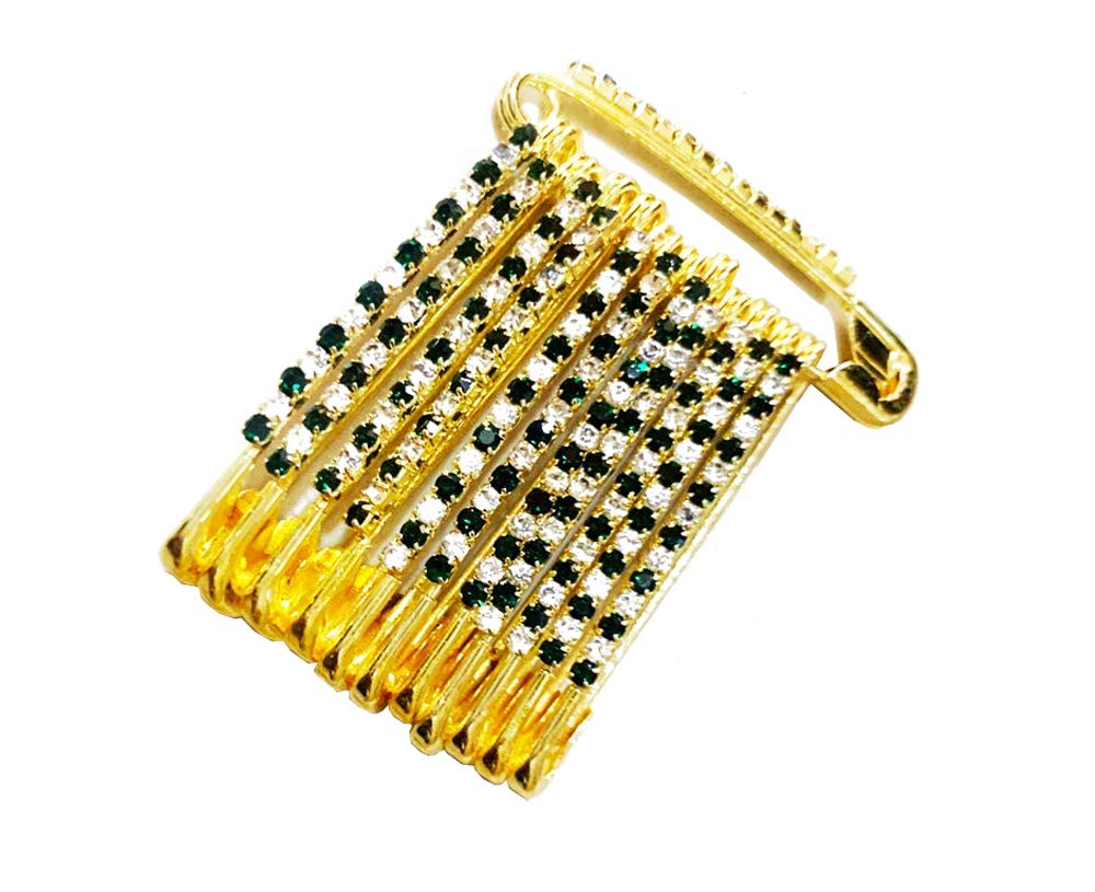 Green Colour Diamonds Designe Safety pin, Saree pin one Side of Safety pin - 12 Pack