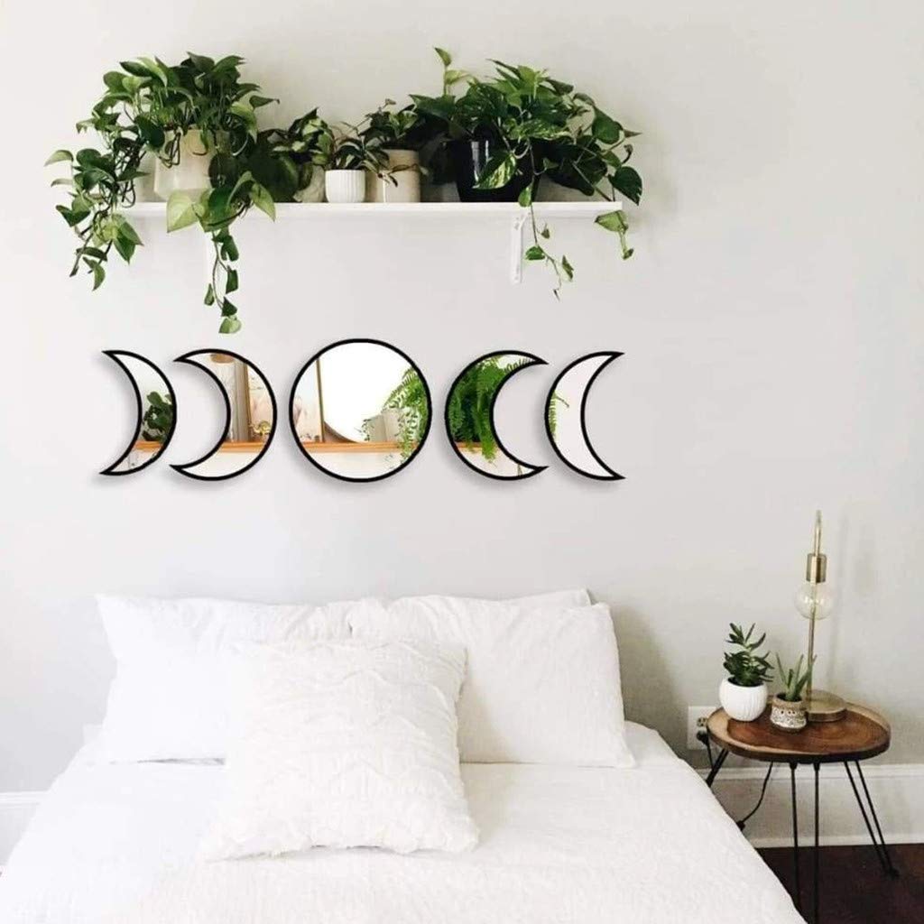 5 Pieces Set Boho Home Decor Wall Acrylic Mirror Wooden Frame Acrylic Wall Decorative Mirror Interior Design Wall Ornaments For Living Room Black Moon Phase Mirror Set Mirror Sets Home Kitchen
