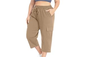 Plus Size Cargo Capris Women's Summer Casual Drawstring Lightweight Outdoor Travel Hiking Cropped Pants with 6 Pockets
