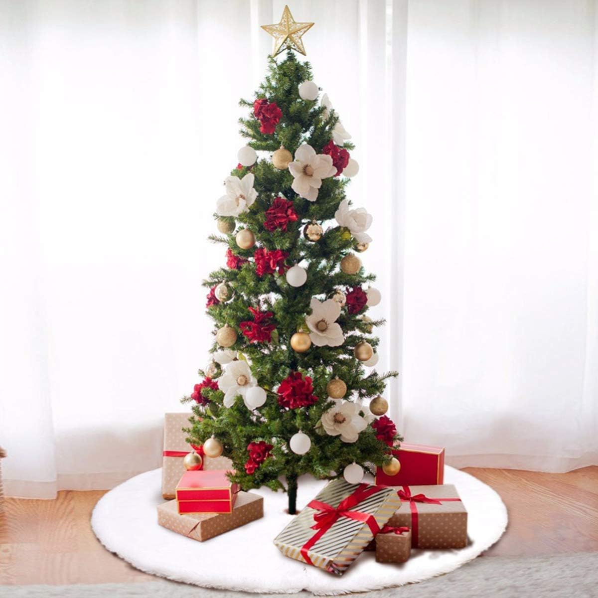 Upstartech Christmas Tree Skirt Decoration 30 Inch Round Trim White Snowflake Christmas Decorations Christmas Tree Skirt Base Cover Decoration For Christmas Holiday Home Accessories Seasonal Decor