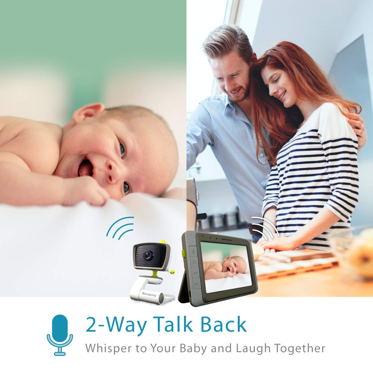 Moonybaby Split 50 Baby Monitor with 2 Cameras and Audio, Large Display with Wide View, Screen Split, Auto Night Vision and Zoom, Sound Activated, Temperature Alert, 2-Way Talk, Range up to 1000ft : Baby