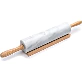 Fox Run Polished Marble Rolling Pin with Wooden Cradle, 10-Inch Barrel, White | Marble Stays Cool For Pastry | Heavy Dough Ro
