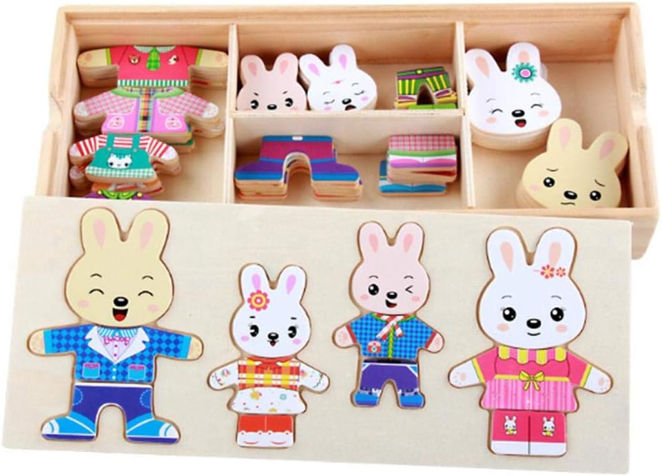 Wacemak1r Family of Bears or Rabbit Jigsaw Puzzle for Kids Wooden Toys Dress up Game Wooden Puzzle Toys for 2-5 Years Olds Early Education Toy Intellectual Development