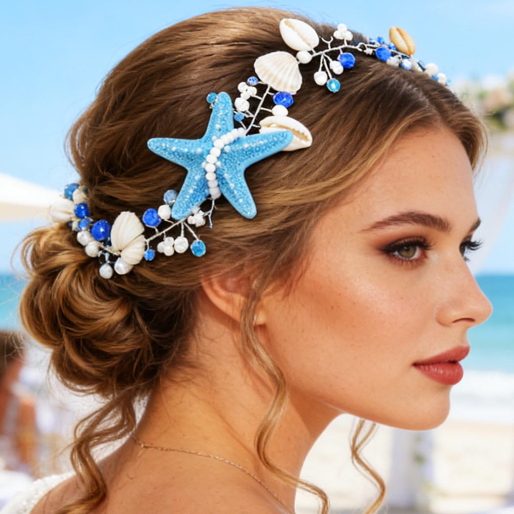 Zoestar Starfish Bride Wedding Hair Vine Silver Seashell Bridal Headpiece Pearl Beaded Beach Wedding Hair Accessories for Women and Girls