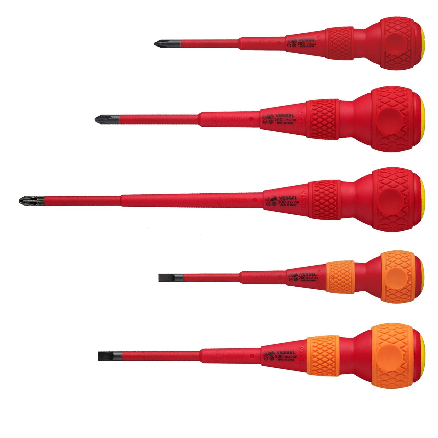 VESSEL Ball Grip VDE Screwdriver (Insulated) Pozidrive/Flat, Set of 5 pcs