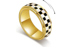 SYDNFZY Checkered Fidget Ring for Men - 8mm 18K Gold Plated Stainless Steel Anxiety Spinner Jewelry for Adults, Modern Black and White Checkerboard Roating Ring for Stress Relief Gift for Men Women