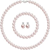 Pttozan Pearl Necklaces for Women,8mm Pearl Necklace and Earring Bracelet Jewelry Set for Women Men Wedding Birthday Valentine Christmas Day Gifts