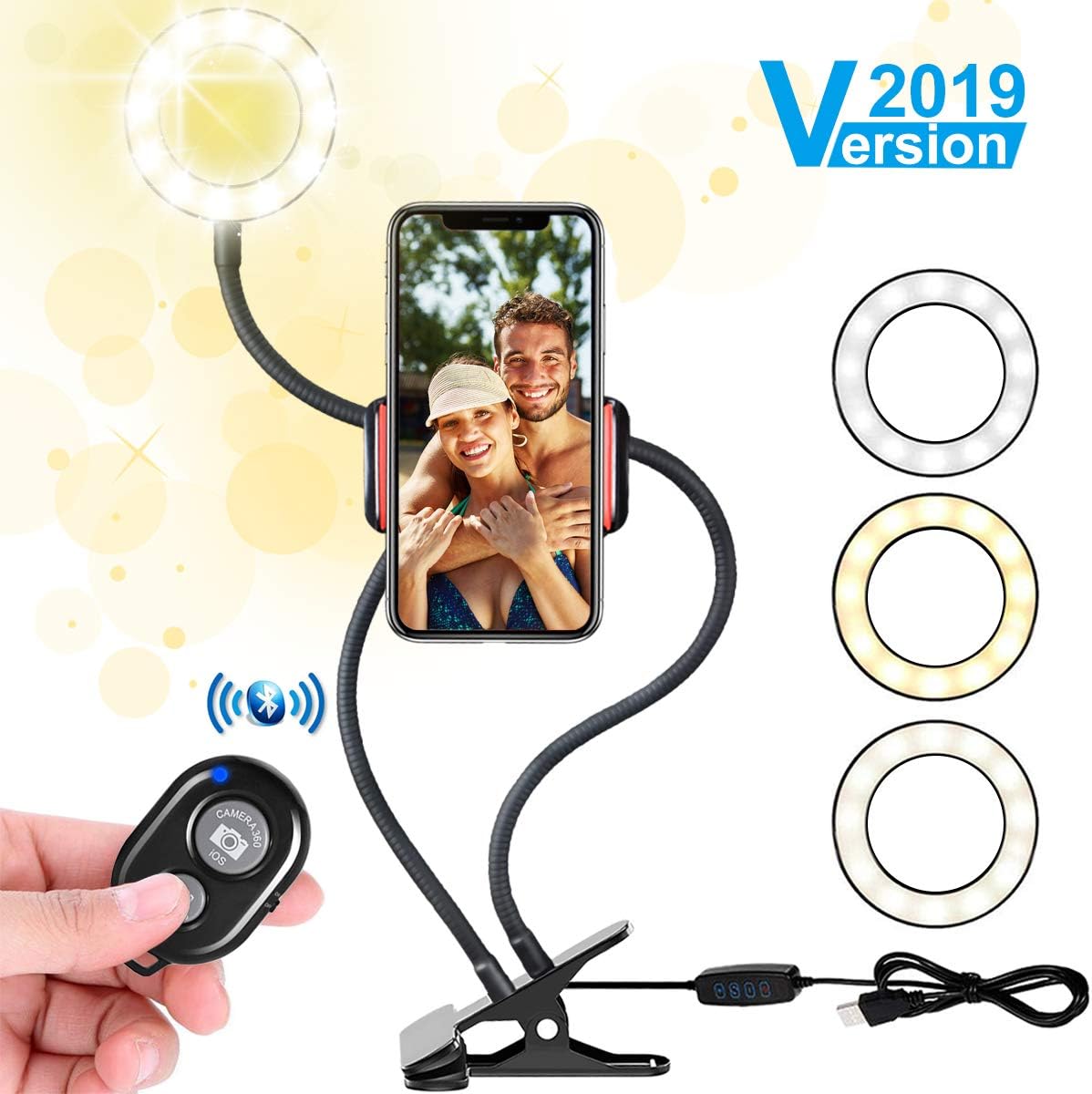 Selfie Light Ring with Cell Phone Holder Stand for Live Stream/Makeup, Flowmist LED Ring Light [3-Light Mode] [10-Level Brightness] with Flexible Arms, for iPhone/Android