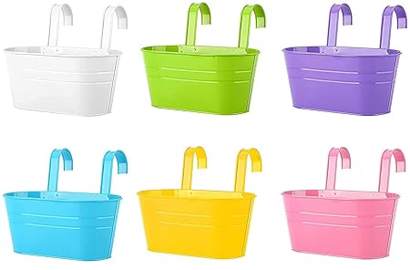 Ezzu Crafts Set of 6 Rail Planter, Balcony Planters Railing Hanging Flower Pots with Detachable Hook, Iron Fence Bucket Outdoor Flower Pot for Patio Fence Deck Balcony Garden Color Multi