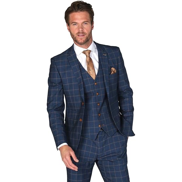 Mens 3 Piece Tailored Suit Blue Gold Check Peaky 1920 Gatsby