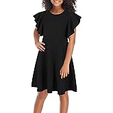 GORLYA Girl's Flutter Sleeve Stretchy A-Line Swing Flared Skater Party Dress with Pockets for 4-12 Years Kids
