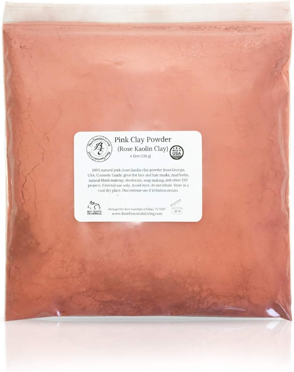 Pink Clay Powder 12 oz, Pure Rose Kaolin Clay Powder for Face Masks or for Colorant DIY Beauty Products for Face, Hair, Body, Soap, Bath Bombs, Makeup, Lotion and Deodorant by Bare Essentials Living