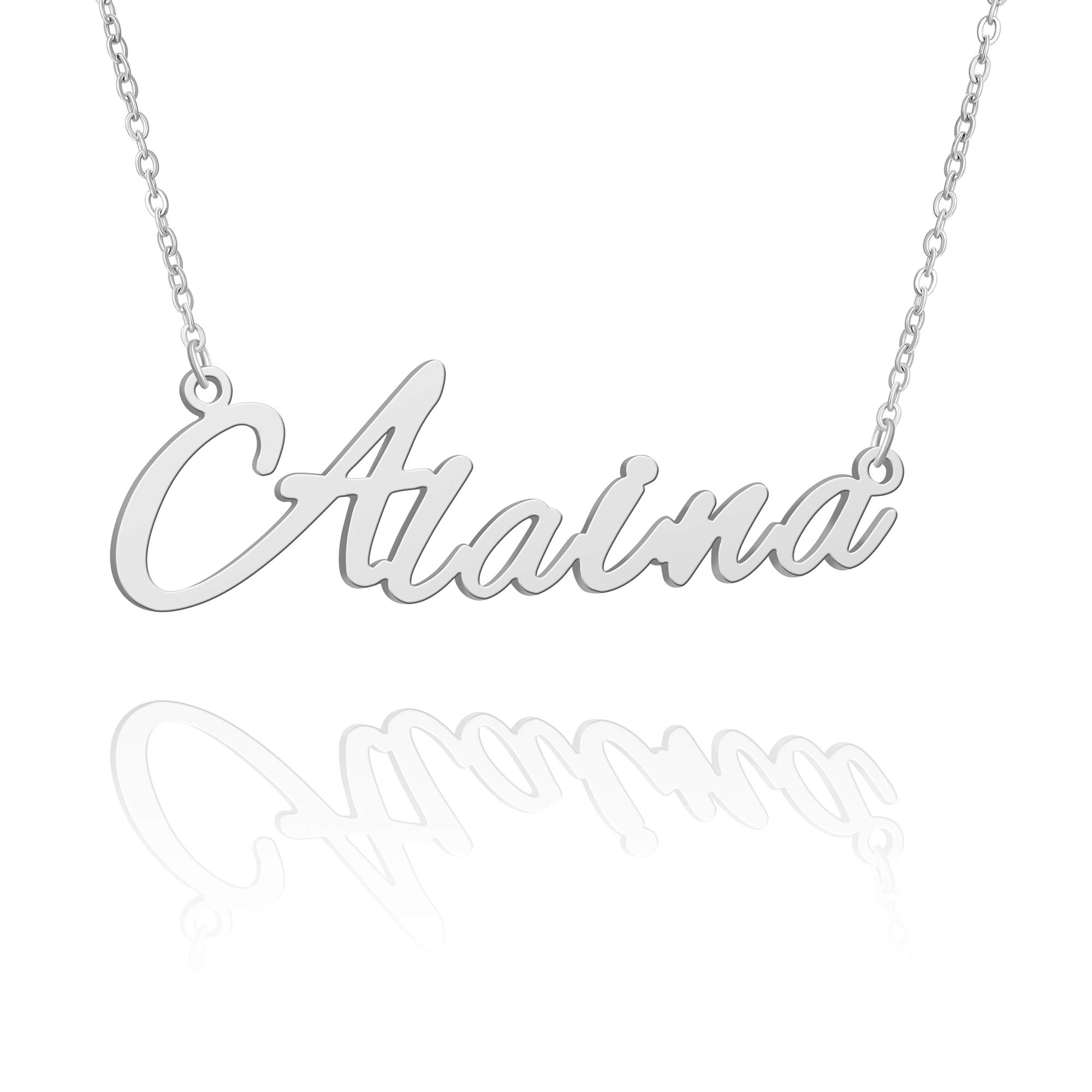 BUREI Women Name Necklace Personalized Silver Name Necklace Nameplate Pendant Jewelry Gift for Alaina