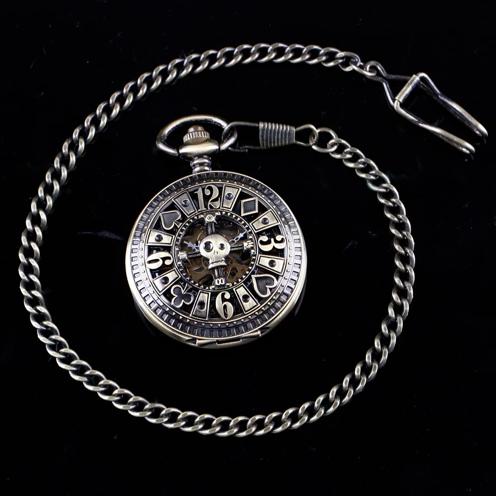 Men's Mechanical Holoow Design Hand Wind Pocket Watch Roman Numerals Steampunk with Chain Box