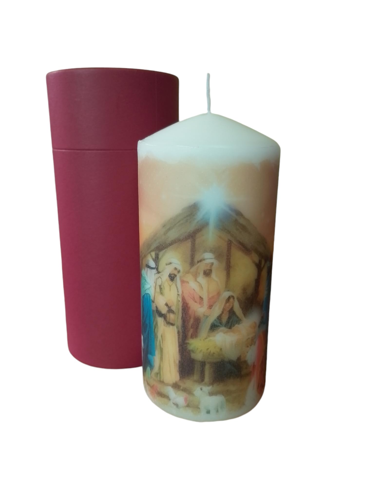 Pillar unscented Wax Candle A Timeless Tribute to The Birth of Christ - Yellow -The Nativity Candle with Wine Red Gift Box Edition