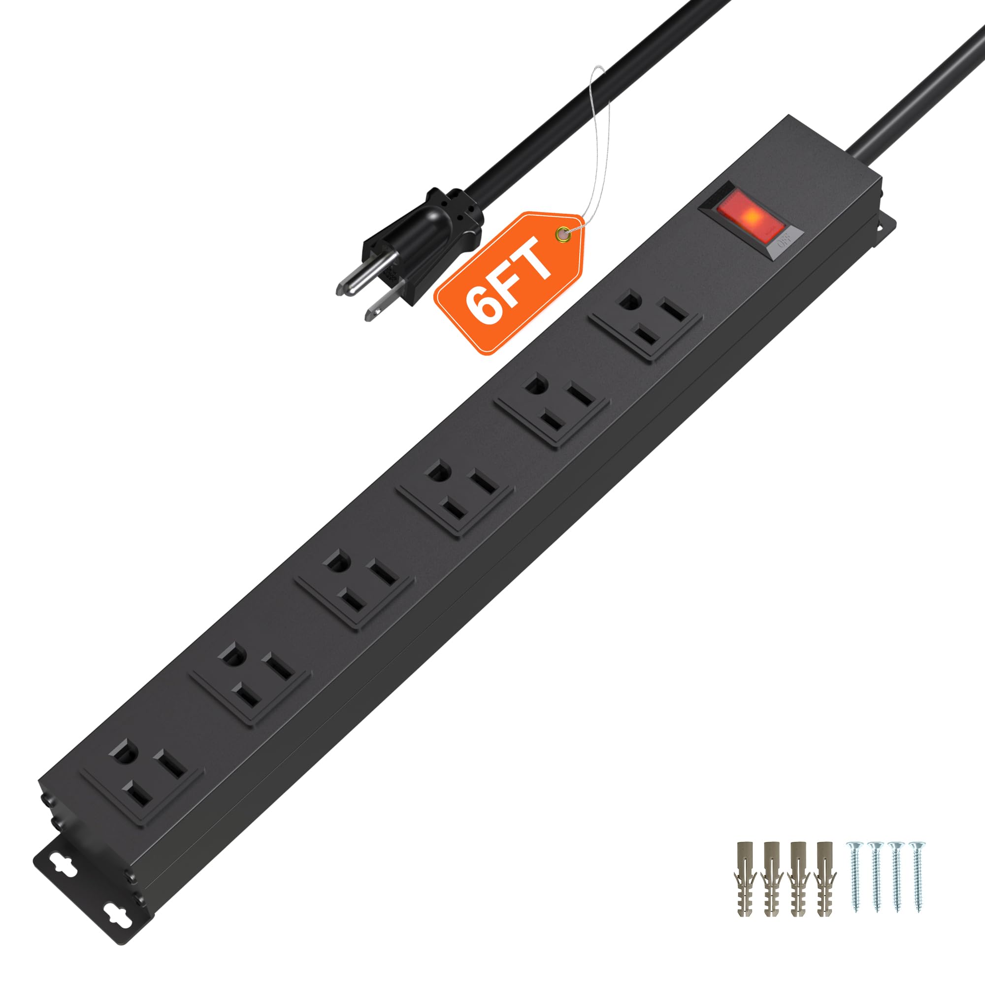 Photo 1 of Power Strip with 6AC Outlets 6 Ft UL 14AWG Cord Straight Plug,Metal Wall Mount Heavy Duty Power Strip with Switch for Commercial,Industrial,School and Home,15A/125V/1875W,Black(6FT)