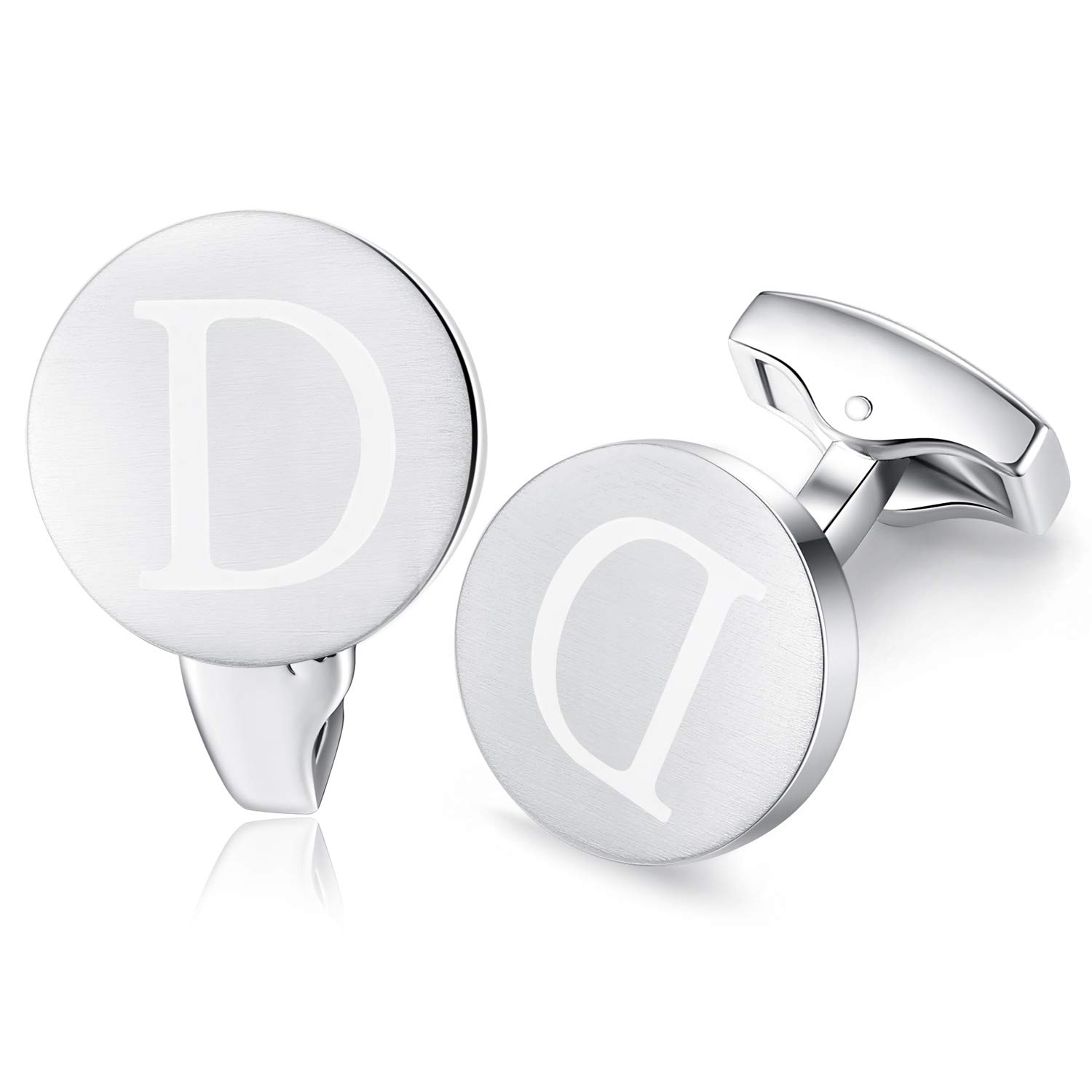 HONEY BEAR Initial Alphabet Letter Cufflinks for Men, Brushed Silver Round Shape Wedding Business Gifts, A - Z (D)