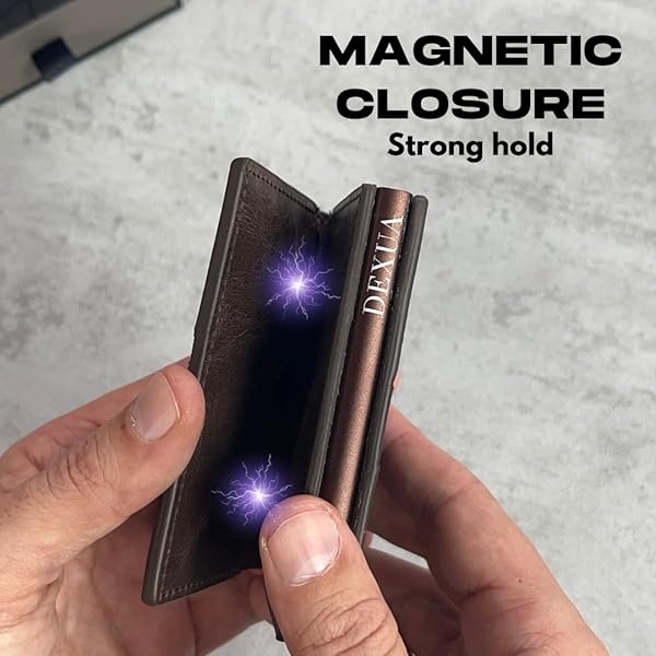 DEXUA MENS WALLET, GENIUNE LEATHER SLIM WALLET, RFID BLOCKING POP-UP CARD HOLDER, TOTAL 9 CARDS CAPACITY, CASH SLOT, MAGNETIC CLOSURE, GIFT READY