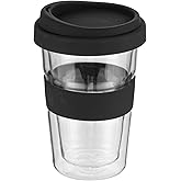 Restaurantware Glass Travel Mug 1 Count 14 Ounce Double Wall Borosilicate Reusable Coffee Cup, Spill-Resistant Black Silicone Lid, Clear Drinkware Mug for Hot and Cold Beverages